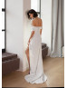 Off Shoulder Ivory Shining Satin Slit Wedding Dress